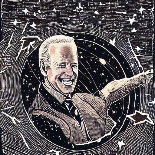 Prompt: Woodcut portrait of joe biden falling into the stars by greg rutkowski, 4k, intricate details