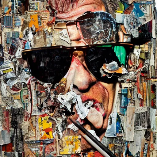 Prompt: detailed analogue mixed media collage with canvas texture in style of contemporary art, punk art, hyperrealistic hunter s. thompson smoking cigarette, wearing glasses, fear and loathing in las vegas, ralph steadman, photorealistic, expressionism, masterpiece, perfect composition, spectacular quality, intricate oil details, vivid broken glass, torn paper, magazine pages