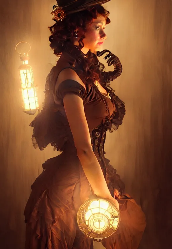 Image similar to steampunk actress preparing for a show at the smoky backstage, mirror, chinese lanterns, smoke, fantasy magic, dark light night, intricate, elegant, sharp focus, illustration, highly detailed, digital painting, concept art, matte, art by wlop and artgerm and greg rutkowski and alphonse mucha, masterpiece