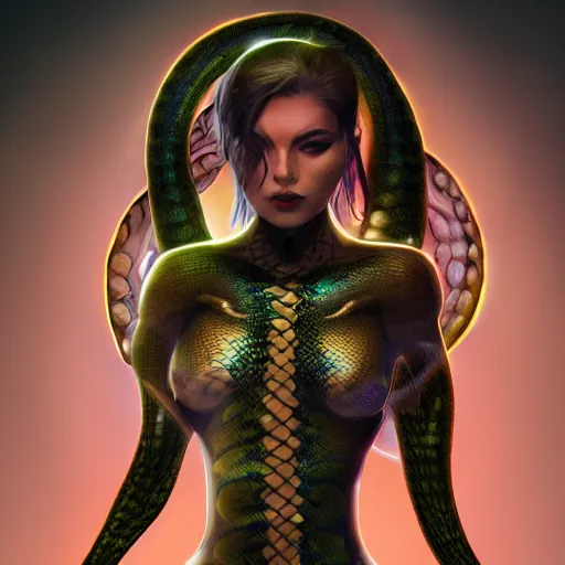 Image similar to snake human hybrid, chest up human lower half snake, black scales, bright amber eyes, chest covered in scales, scales on her chest, formless brests, flat chest, smileing nright, cinematographic shot, artstation, haahn trinh, naga