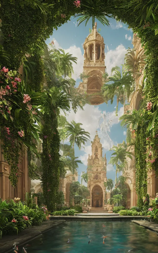 Prompt: cathedral interior with koi pond in the middle surrounded by palm trees, ivy, flowers, tropical plants, roses, and with archways, rendered in octane render with photorealistic lighting, cinematic, horizontal symmetry, a flemish baroque by thomas cole, unsplash, baroque, sanctuary, unsplash contest winner, maximalism, sanctuary