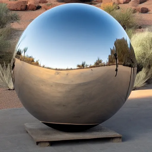 Prompt: a large metallic ball with a mirror finish sits in the Arizona desert