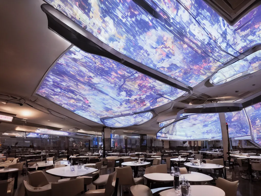 Image similar to visor with curved translucent screens projecting detailed sci - fi art ( 2 0 4 2 ), pixel perfect photograph, high contrast, volumetric lighting, thin glowing lights, restaurant, chairs, users, pair of keys