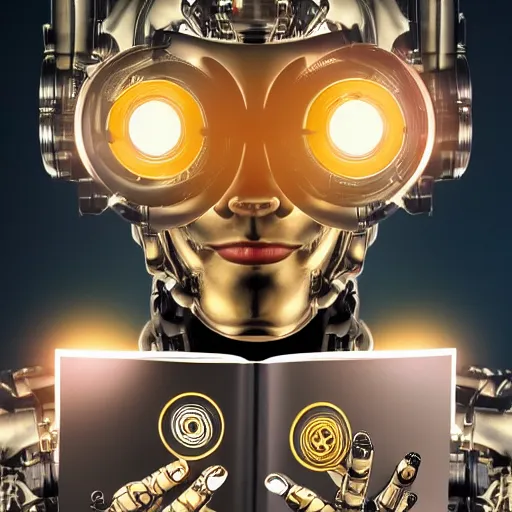 Image similar to a beautiful intricate fine art portrait photo of a happy mechanical futuristic cybernetic robot reading a letter of admission held in hands, by anna dittman and zach sutton, eyes glowing, happiness!, perfection!, studio lighting, golden ratio composition, 50mm lens, bionic, cybernetic scifi, deep depth of field, artstation, 8K