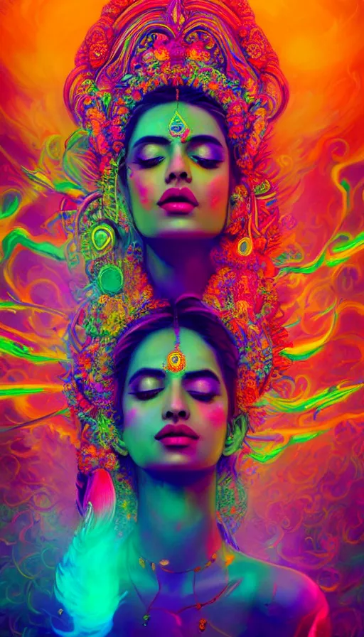 Prompt: a beautiful indian goddess engulfed in colorful liquid smoke and neon clouds, a colorful psychedelic experience, dmt, lsd, face, highly detailed, artstation, concept art, matte, sharp focus, illustration, digital art by hana yata, and artem demura and beeple, octane render, unreal engine, 8 k