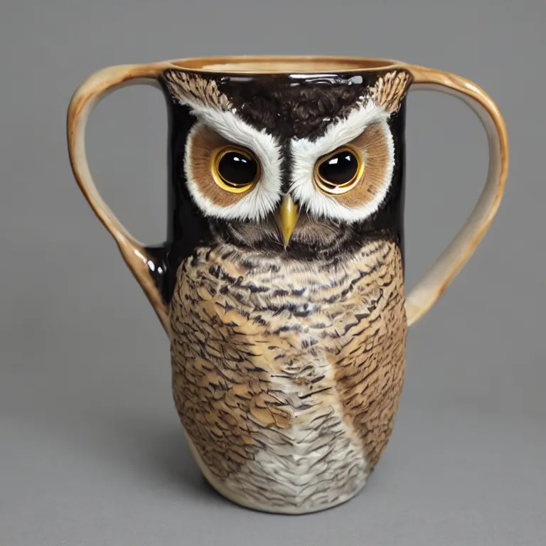 Prompt: Studio Photograph of Beautiful Curvy handmade Porcelain Coffee Mug with Sgraffito Carving of a Tropical Screech Owl on the outside, Glossy glaze Bright Intense Colors shocking detail hyperrealistic trending on artstation