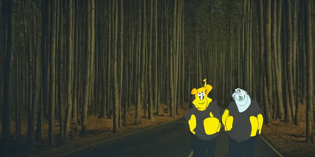 Prompt: tweedle dee and tweedle dum laughing hysterically, night, road between tall trees, dense forest, dark night, moon, in style of disney cartoon