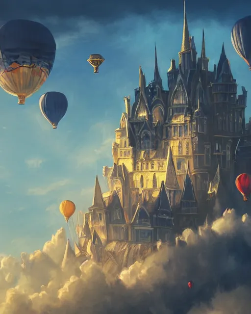 Image similar to flying cloud castle, buildings, baloons, atmosphere, glow, detailed, full of colour, cinematic lighting, trending on artstation, 4 k, hyperrealistic, extreme details, bright, blue sky, mountains, fantasy, masterpiece, art by wylie beckert