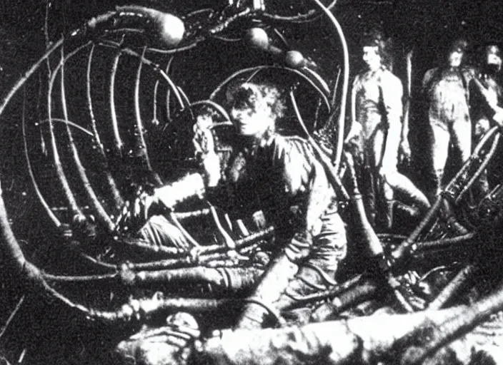 Prompt: scene from the 1896 science fiction film Aliens