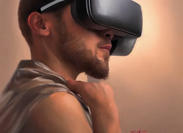 Image similar to human with VR Headset, concept art oil painting by Jama Jurabaev, extremely detailed, brush hard, artstation