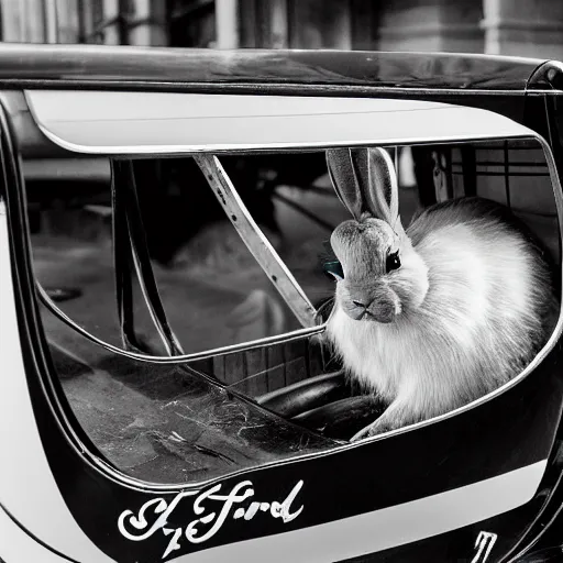 Prompt: a rabbit sitting inside a model t ford, black and white photograph