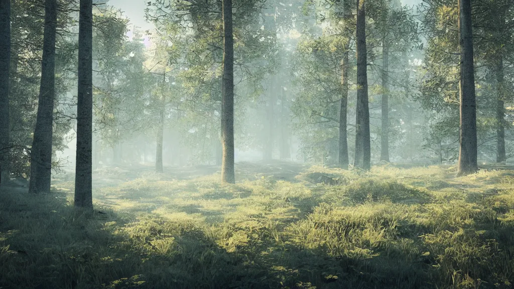 Image similar to beautiful view of a swedish forest in the morning light, trending on Artstation, octane render, unreal engine, visually stunning, award winning