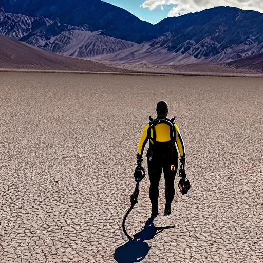 Image similar to a scuba diver walking in death valley, photography, highly detailed, high quality, 8 k, soft lighting,