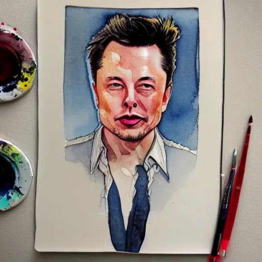 Image similar to highly detailed watercolor painting of Elon Musk, trending on artstation,