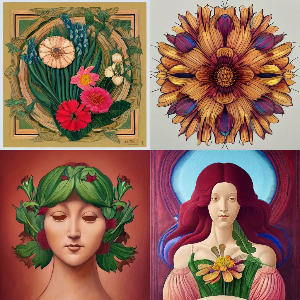 Prompt: painting of a flower in the style of Frank Lloyd Wright and Sandro Botticelli and Leonardo da Vinci, intricate detail, trending on artstation
