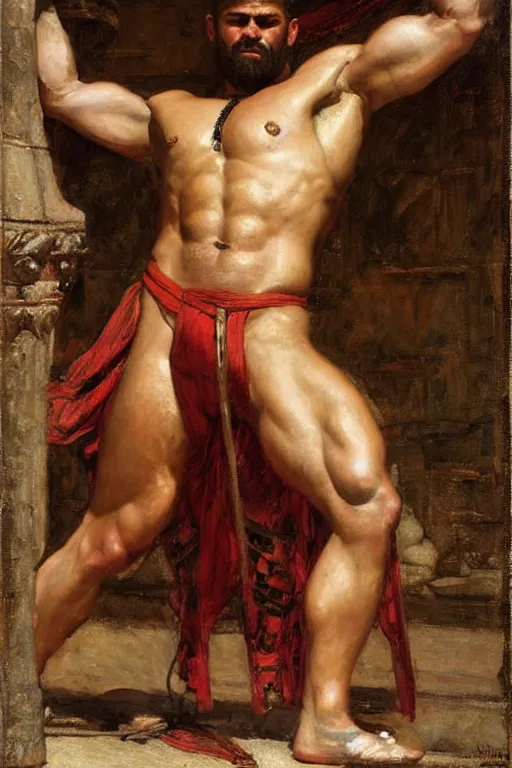 Prompt: muscular gladiator, orientalist intricate portrait by john william waterhouse and edwin longsden long and theodore ralli and nasreddine dinet, hyper realism, dramatic lighting