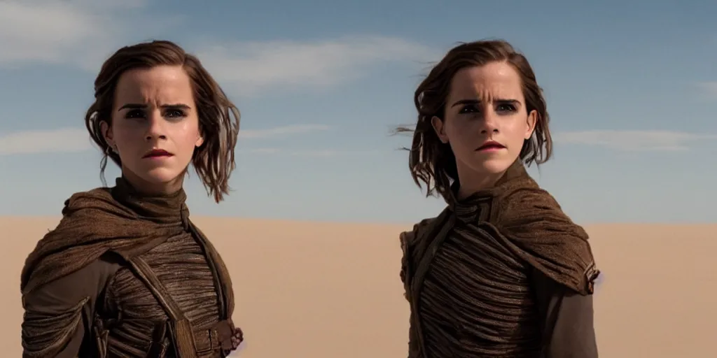 Prompt: Movie Still of Emma Watson in Dune (2021), landscape, endless sea of desert, 4k, cinematic