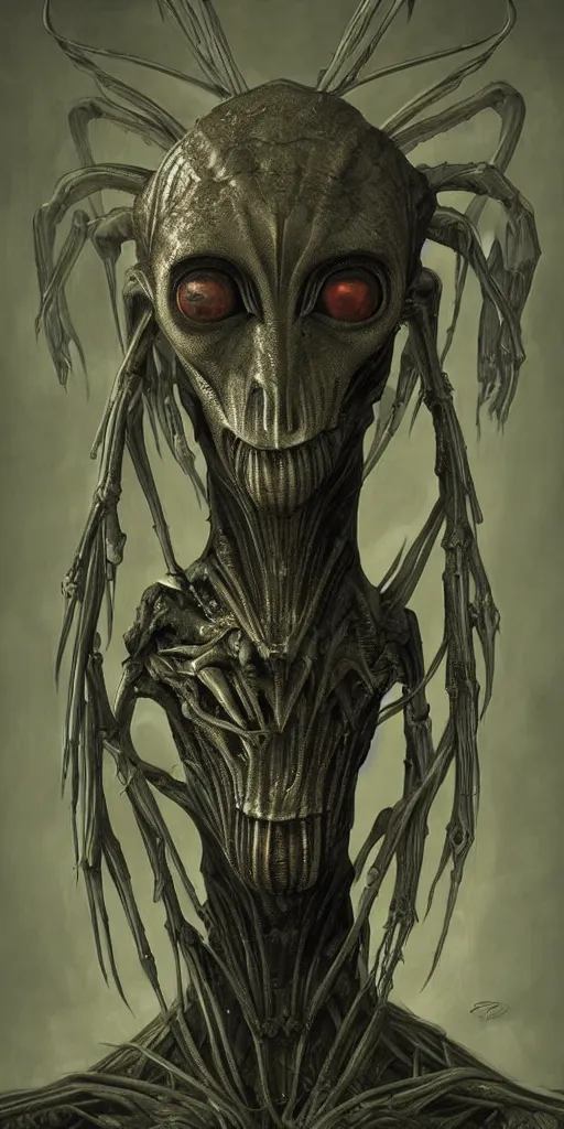 Prompt: portrait of a humanoid mantis alien, character design, detailed concept art by fortiche by anton semenov, by hr giger, by ross tran, masterpiece