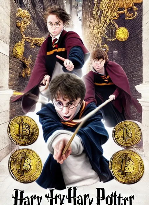Image similar to harry Potter and the bitcoin wizard, movie poster