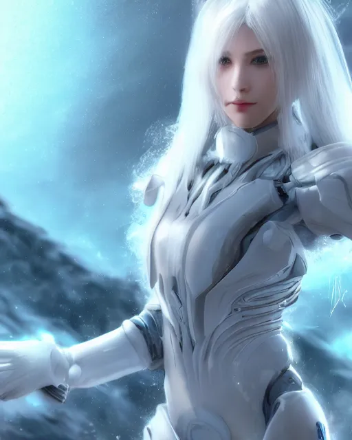 Image similar to perfect white haired girl, warframe armor, beautiful, dreamy, half asian, pretty face, blue eyes, detailed, windy weather, scifi, angel wings, utopian architecture, laboratory, 4 k, ultra realistic, epic lighting, cinematic, high detail, masterpiece, art by akihito tsukushi, akasuki voidstar