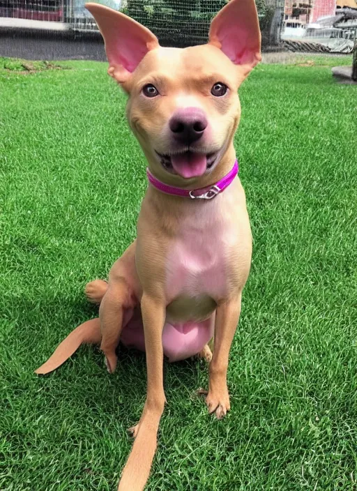 Image similar to fully grown tan pit bull, long - haired chihuahua, pomeranian mix, wearing a pink harness