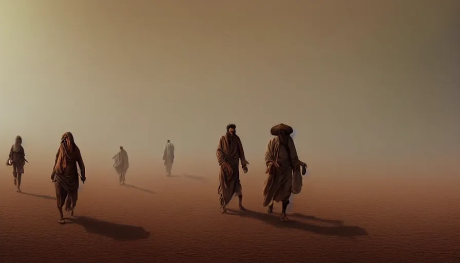 Prompt: desert people walk through the desert, dust storm, fine details, digital art, volumetric lighting, cinematic light, photorealistic, by greg rutkowski, by marc simonetti, perfect faces, fine details, 4 k,