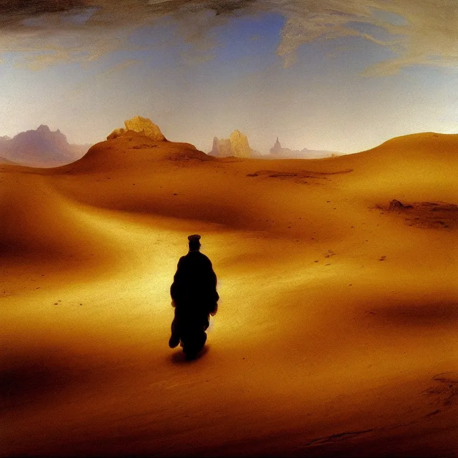 Image similar to artwork about the loneliness of being the last human on earth, walking in the desert dunes, painted by thomas moran and albert bierstadt. monochrome color scheme.
