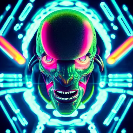 Image similar to synthwave alien face with neon tattos, detailed face, sharp focus, synthwave art, aesthetic, octane render, raw, cinematic