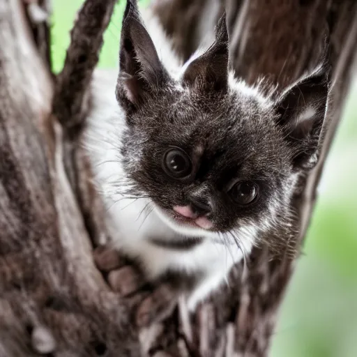 Image similar to a bat kitten, in a tree, Canon EOS R3, telephoto, very detailed, 4k