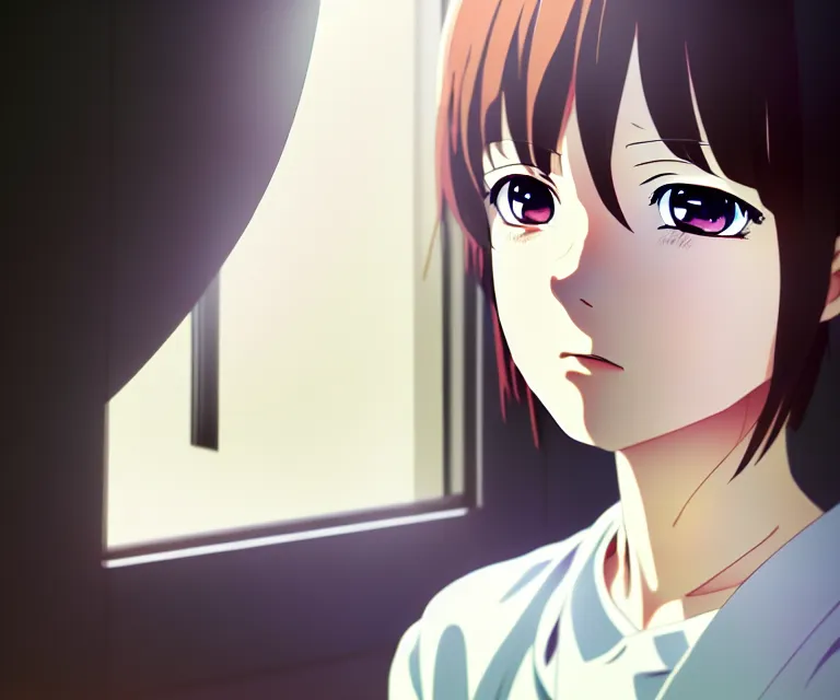 Prompt: anime film visual illustration of a young woman looking in a kitchen cabinet from a distance, cute face by ilya kuvshinov, makoto shinkai, kyoani, dynamic pose, crisp and sharp, yoshinari yoh, rounded eyes, anime poster, ambient light, temporal antialiasing, focused, flat, cel shaded