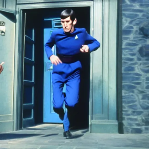 Prompt: photo of mr spock blue uniform exiting the tardis, cinematic, movie still