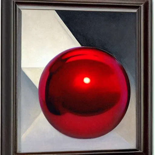 Prompt: chrome spheres on a red cube by john collier