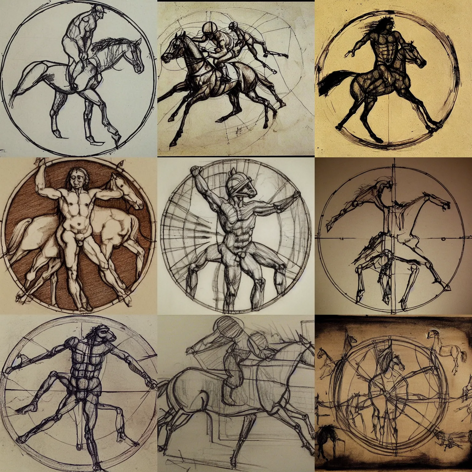 Prompt: horse racing sketch, ink on paper, by Leonardo da Vinci in the style of Vitruvian Man