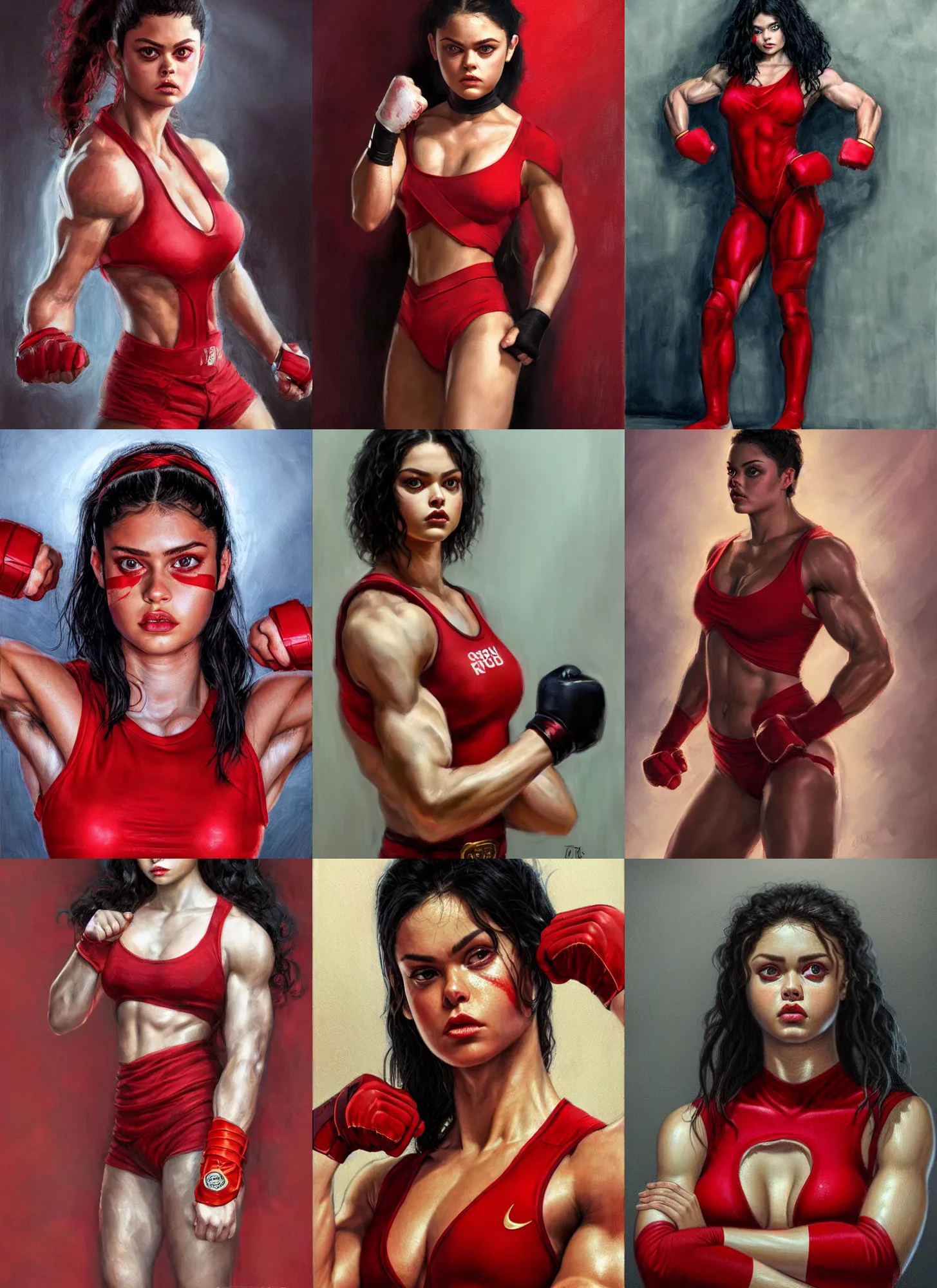 Prompt: a portrait of odeya rush, muscular, wearing red attire, white bandages on fists, wearing red tanktop with gold lining, black hair, medium length hair, serious, style by donato giancola, wayne reynolds, jeff easley dramatic light, high detail, cinematic lighting, artstation, dungeons and dragons