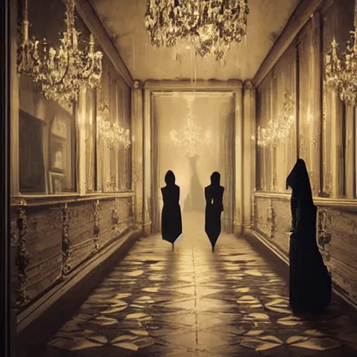 Image similar to a beautiful victorian woman is frightened by her zombie twin in a mirror. she is in a long hallway of mirrors. victorian interior, with many mirrors, twins, elegant design, haunting atmosphere, dark lighting, gothic, horror style, scary, swirling fog, volumetric lighting, by greg rutkowski, realistic, dutch angle, zombies