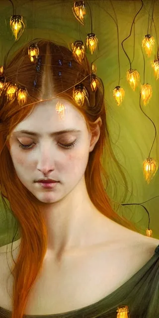 Prompt: an amazed young woman looking at golden firefly lights in a mesmerizing scene, sitting amidst nature fully covered, intricate detailed dress, long loose red hair, precise linework, accurate green eyes, small nose with freckles, smooth oval head, empathic, expressive emotions, hyper realistic ultrafine portrait by artemisia gentileschi, jessica rossier, artgerm