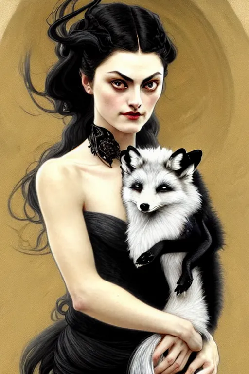 Image similar to Phoebe Tonkin dressed in Victorian fashion with black hair, holding a white fox in her arms, D&D, fantasy, intricate, elegant, highly detailed, digital painting, artstation, concept art, matte, sharp focus, illustration, art by Artgerm and Greg Rutkowski and Alphonse Mucha