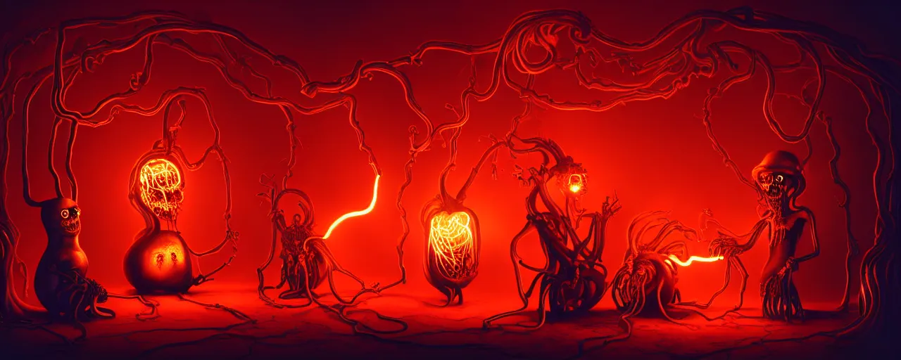 Image similar to uncanny alchemist chthonic creatures inside a visceral arterial alchemical lab within the left ventricle of a human heart, dramatic lighting fiery red lighting, surreal fleischer cartoon characters, surreal painting by ronny khalil