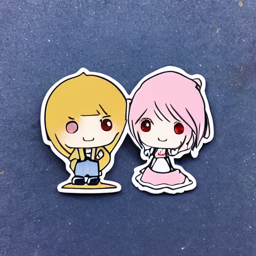 Image similar to die cut sticker of anime chibi kawaii cute boy and girl on beach vacation