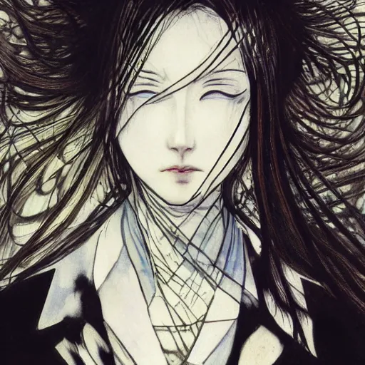 Prompt: yoshitaka amano blurry realistic illustration of an anime girl with black eyes, wavy white hair and cracks on her face wearing dress suit with tie fluttering in the wind, abstract black and white patterns on the background, cross earring, noisy film grain effect, highly detailed, renaissance oil painting, weird portrait angle