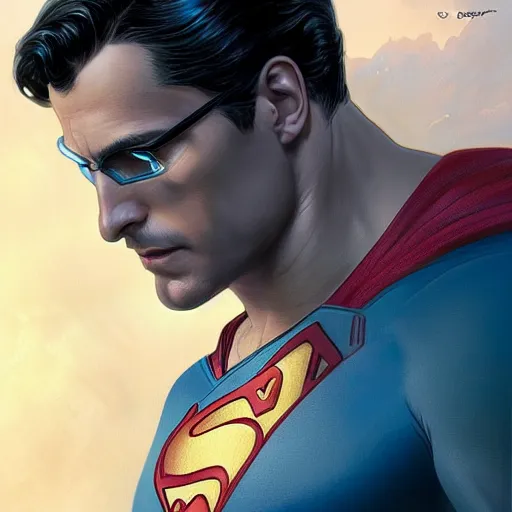 Image similar to [Riff Raff as Superman, closeup, D&D, intricate, elegant, highly detailed, digital painting, artstation, concept art, matte, sharp focus, illustration, art by Artgerm and Greg Rutkowski and Alphonse Mucha]