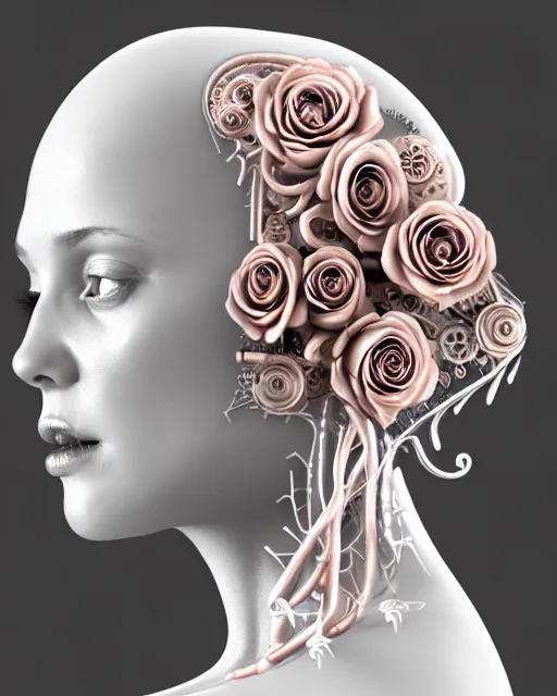 Image similar to mythical dreamy organic bio - mechanical spinal ribbed profile face portrait detail of translucent steampunk beautiful intricated monochrome angelic - human - queen - vegetal - cyborg, highly detailed, intricate translucent pale pink ivy jelly ornate, poetic, translucent roses ornate, 3 d render, digital art, octane render, 8 k artistic photography