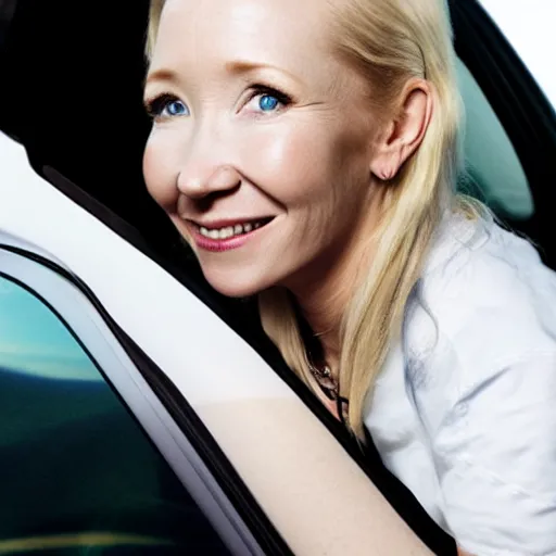 Image similar to uhd candid photo of anne heche wearing white powder all over her nose, with accurate face, in screaming, behind the wheel of a mini cooper, uhd, studio lighting, correct face, photo by annie leibovitz