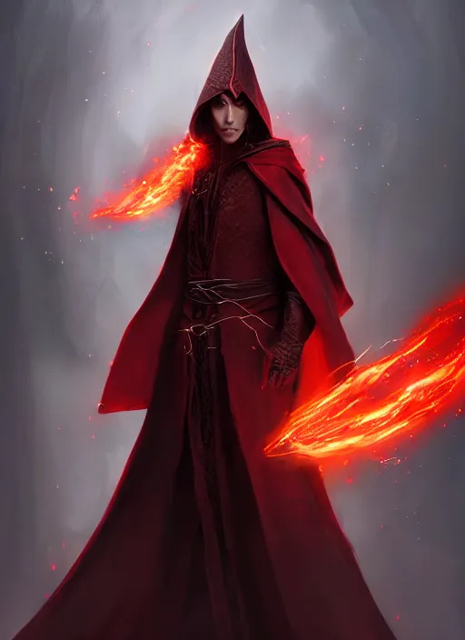 Image similar to Half-body of a hooded brunette elven fire mage in a black and red robe with fire around him. In style of Hyung-tae Kim and Greg Rutkowski, concept art, trending on ArtStation, Korean MMORPG, over-detailed art, 4K, epic, dynamic lightning, dramatic pose.