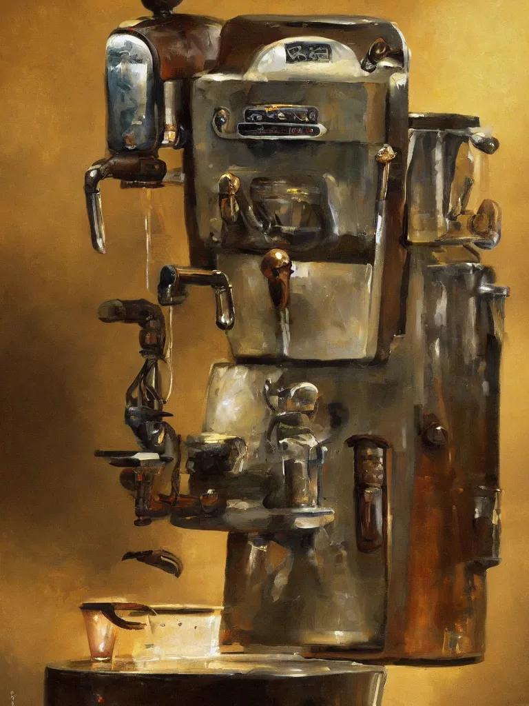 Image similar to oil painting of an ancient coffee machine, by Simon Stalenhaag, by Yoshita Amano, by Esao Andrews, sharp focus, fresh colors, conceptart, trending on artstation