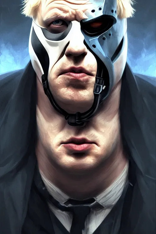 Image similar to Boris Johnson as a Bane from Dark Knight, Boris Johnson hairstyle, realistic portrait, symmetrical, highly detailed, digital painting, artstation, concept art, smooth, sharp focus, illustration, cinematic lighting, art by artgerm and greg rutkowski and alphonse mucha