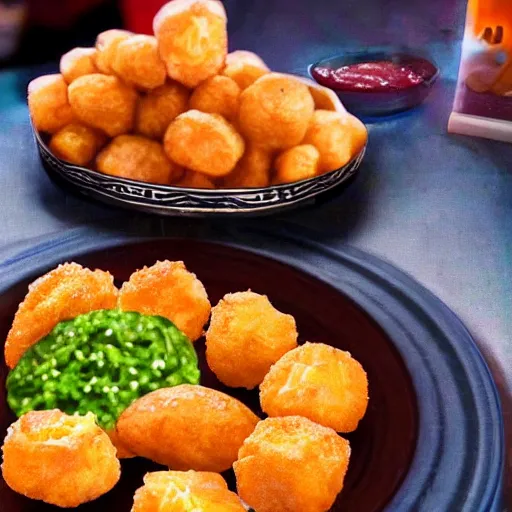 Image similar to food photo of channing tatum's face as giant tater tot on a plate with ketchup