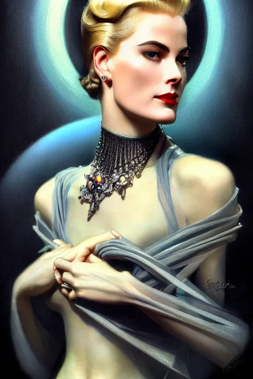 Image similar to beautiful evil cybernetic grace kelly by steichen in the style of a modern tom bagshaw, alphonse muca, victor horta, gaston bussiere. anatomically correct. extremely lush detail. masterpiece. melancholic scene infected by night. perfect composition and lighting. sharp focus. high contrast lush surrealistic photorealism. sultry expression.