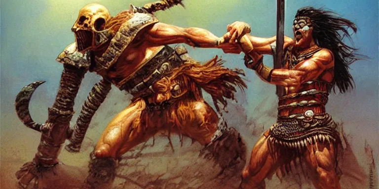 Prompt: a barbarian warrior fights a mummy in an old tomb, concept art by boris vallejo and michael whelan