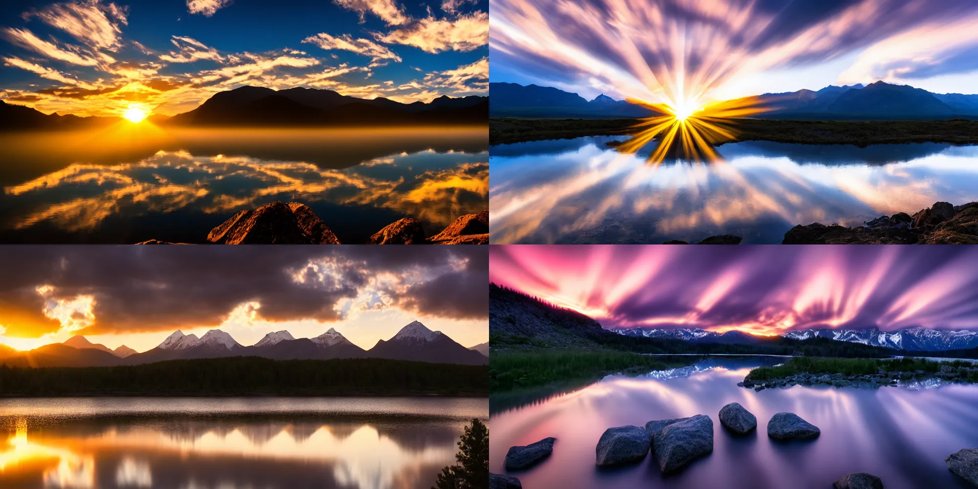 Image similar to mountain sunset over water, reflections, crepuscular rays, long exposure